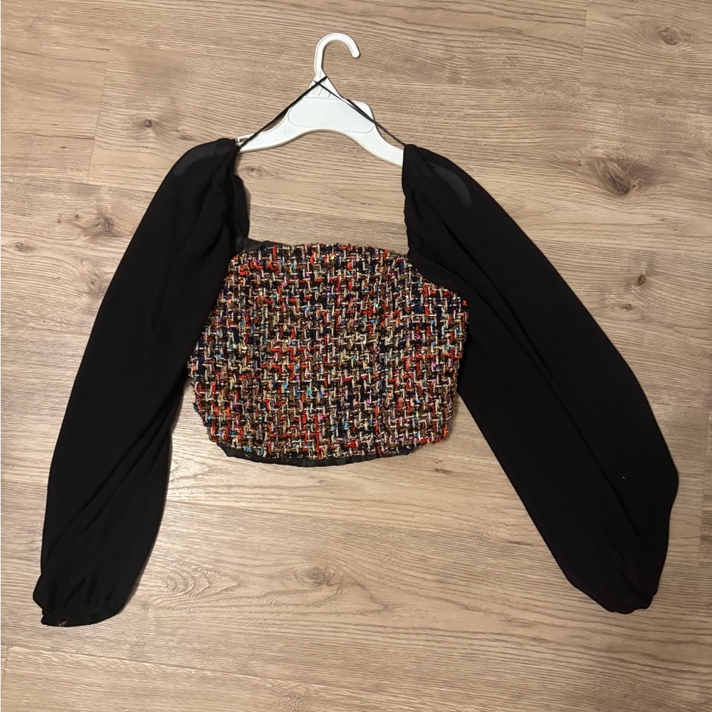 Chic Multicolor Tweed and Black Blouse